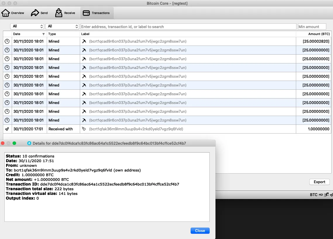 Bitcoin Core — Transazione Confermata