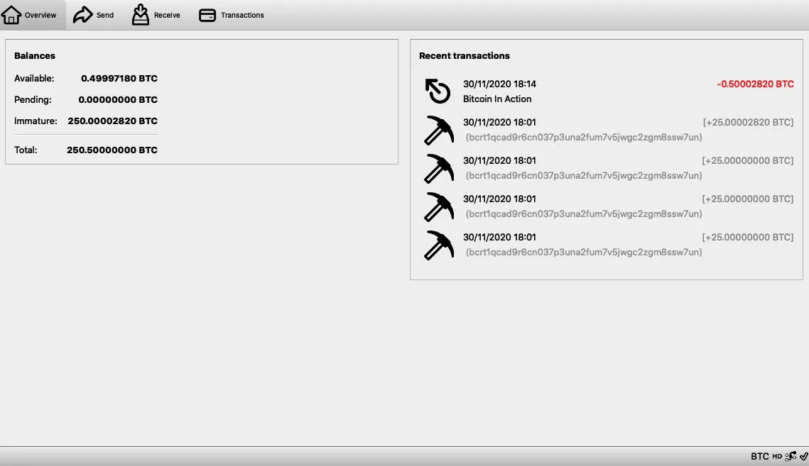 Bitcoin core – Transazione minata e confermata